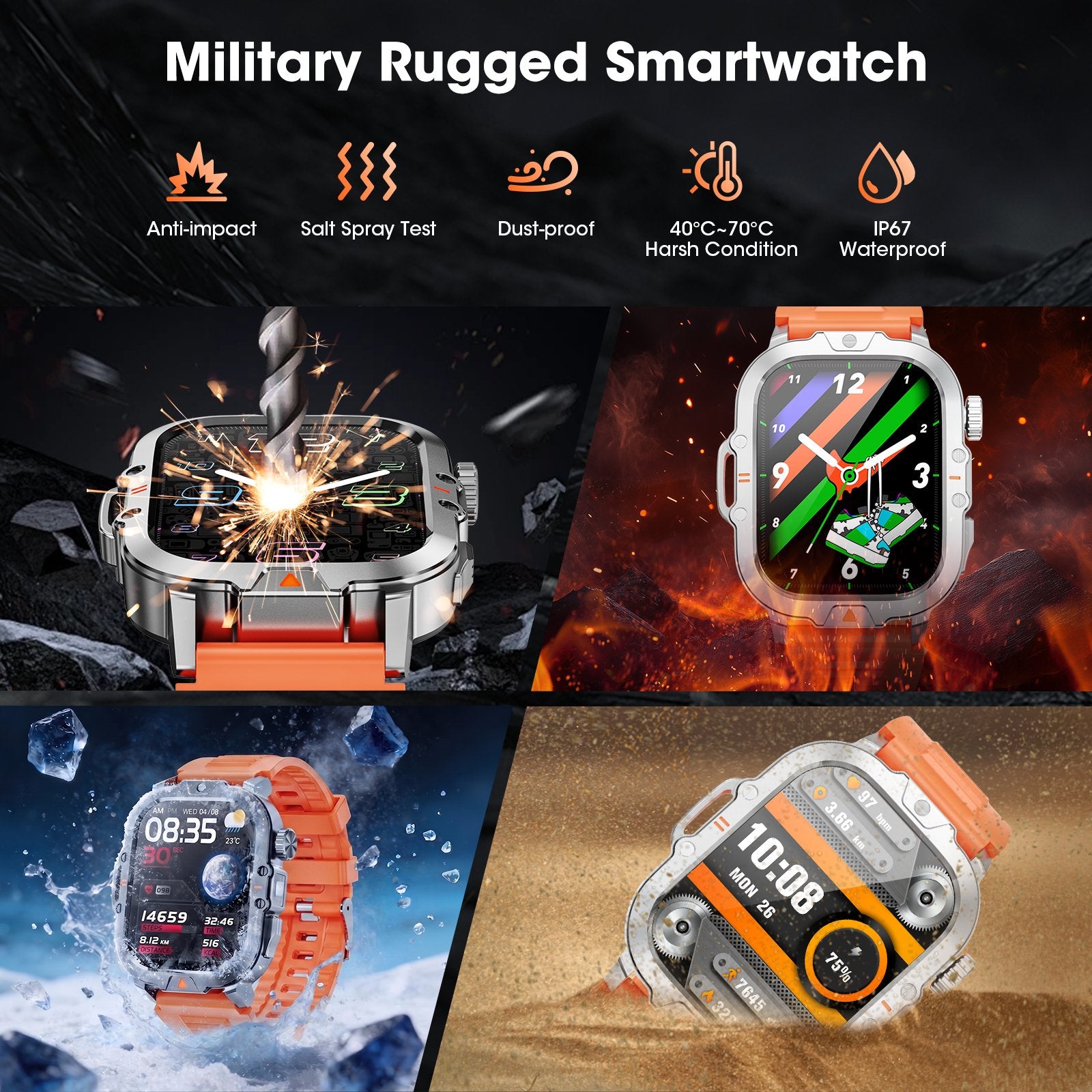 Smartwatch for Men with Fitness Tracker, 2.01-inch Answer/Make Calls/100+ Sport Modes, IP68 Waterproof, men's Military Smartwatch compatible with Android IPhone Devices (Orange)