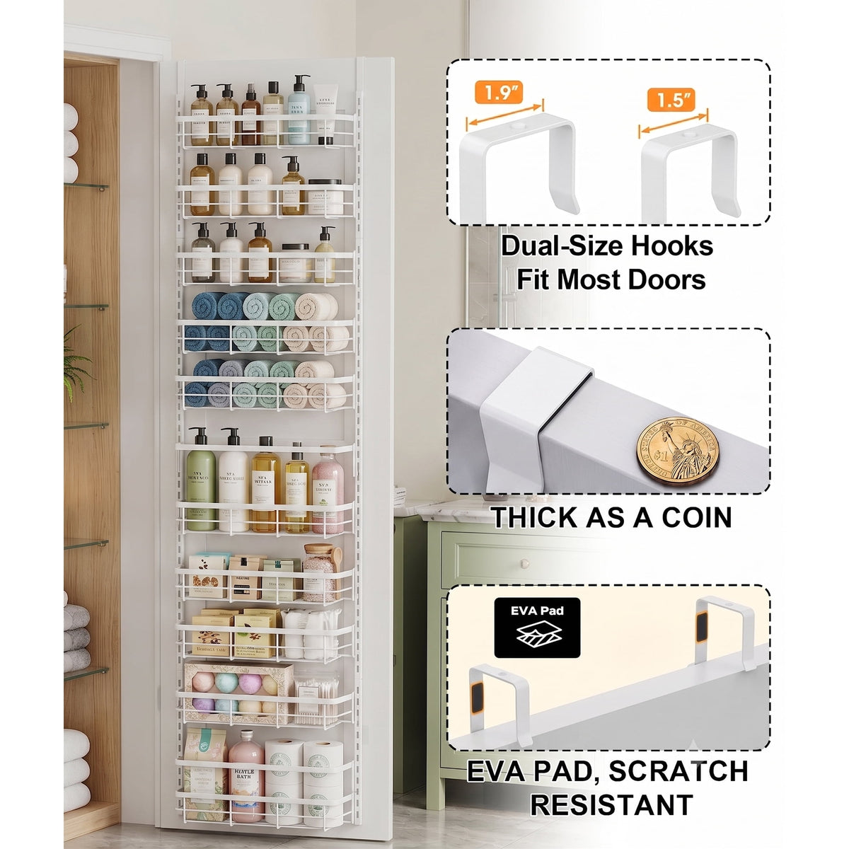 Asoibopi 8-Tier Adjustable Over the Door Pantry Organizer with 2 Sets Hooks Fits Most Doors, Hanging Spice Rack for Pantry Door Organizer And Storage, White