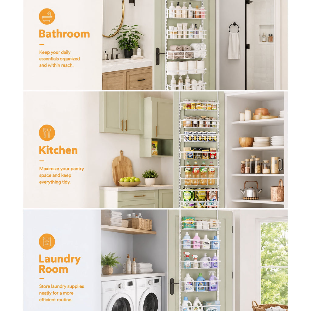 Asoibopi 8-Tier Adjustable Over the Door Pantry Organizer with 2 Sets Hooks Fits Most Doors, Hanging Spice Rack for Pantry Door Organizer And Storage, White