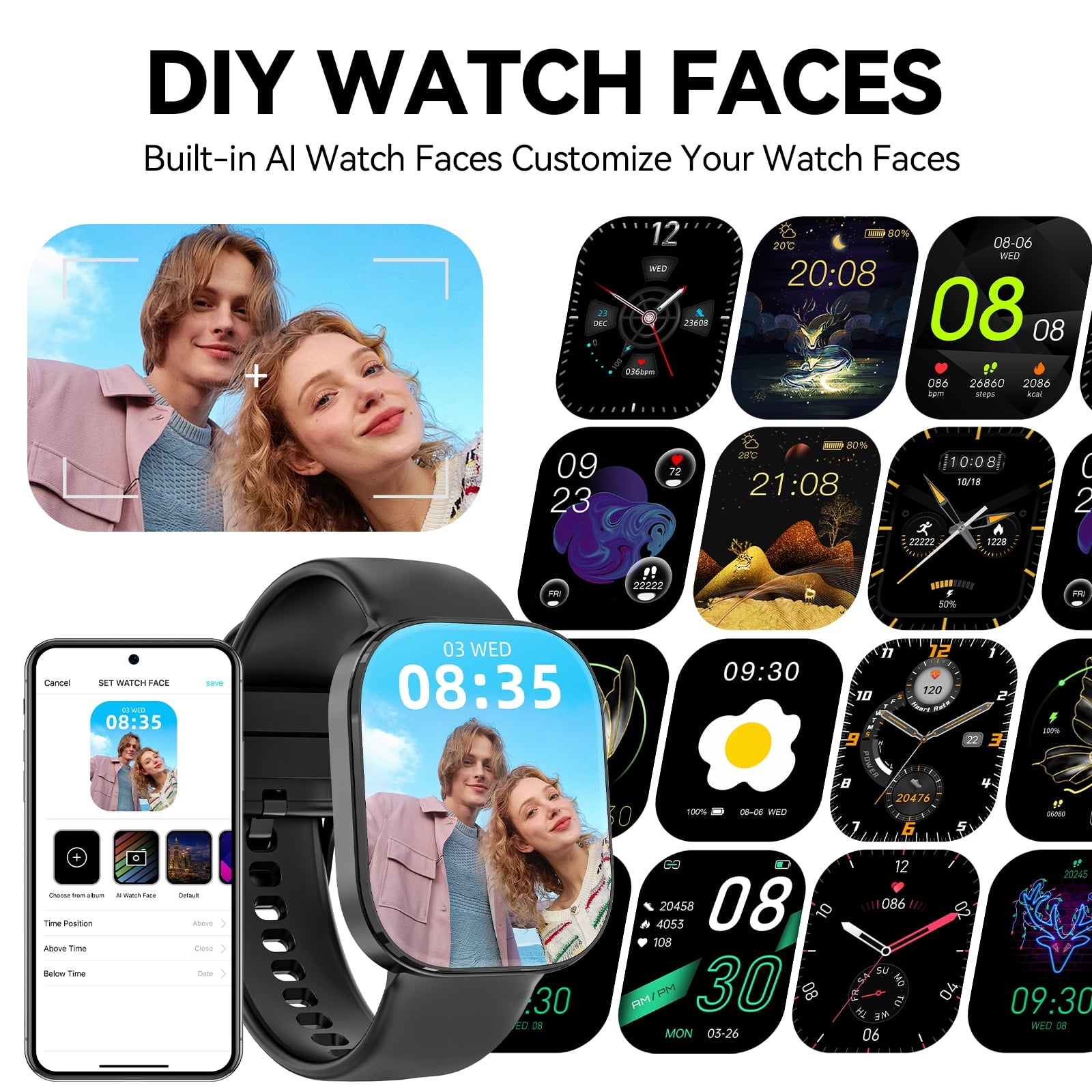 Smart Watch fits for Android and iPhone Devices, Smartwatch for Women Men 1.88" HD Fitness Tracker with 100+ Sports Mode, Bluetooth Call, IP68 Waterproof for Gift Black